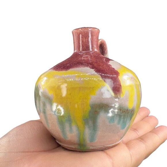 Mid Century Italian Art Pottery Vase Jug W Handle RedWare Multicolor Glaze VTG - Picture 13 of 15